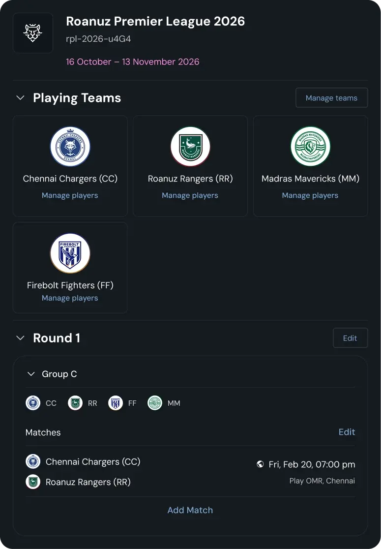 Tournament setup interface
